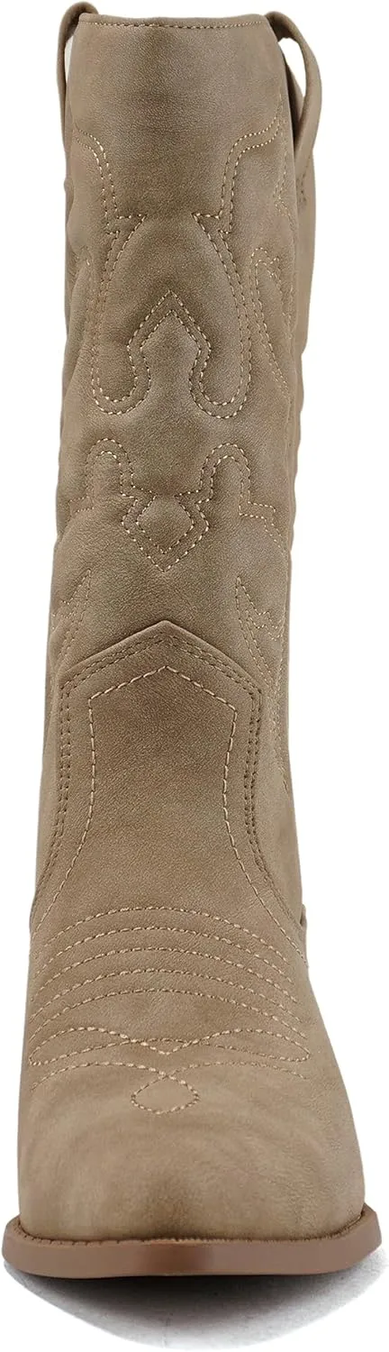 Soda RENO ~ Women Western Cowboy Stitched Pointe Toe Low Heel Ankle Mid Shaft Fashion Boots