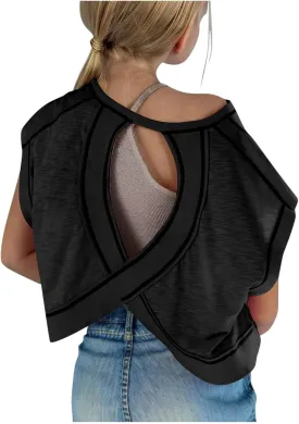 Summer Tops for Teens Open Back Backless Short Sleeve Workout Athletic Shirts Casual Running Crop Top Gym Yoga Tees