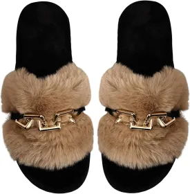 Verdusa Women's Fuzzy Slippers Cozy Plush Home Slippers Chain Decor Furry Open Toe House Shoes