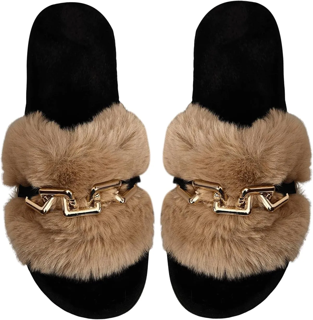 Verdusa Women's Fuzzy Slippers Cozy Plush Home Slippers Chain Decor Furry Open Toe House Shoes