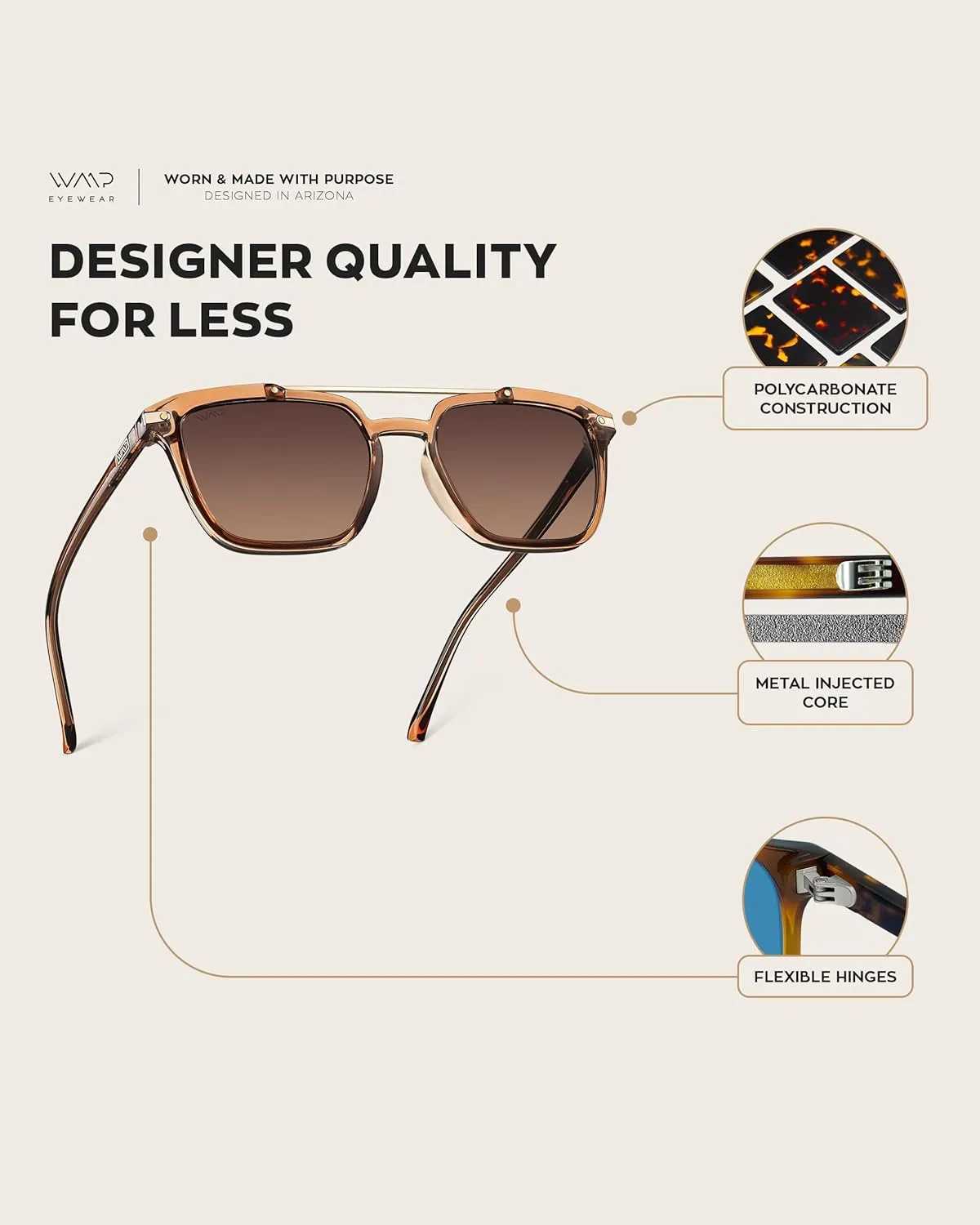 WMP Eyewear - Modern Men's Square Aviator Sunglasses - Double Metal Bridge with Polarized Lens