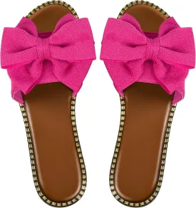 Women's Bow Knot Slides Open Toe Flat Sandals Summer Slip On Slippers